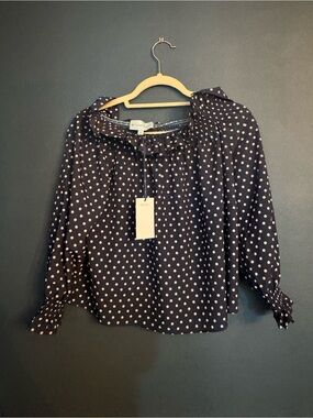 Tuckernuck Navy and White Polka Dot Off the Shoulder Marguerite Blouse NWT